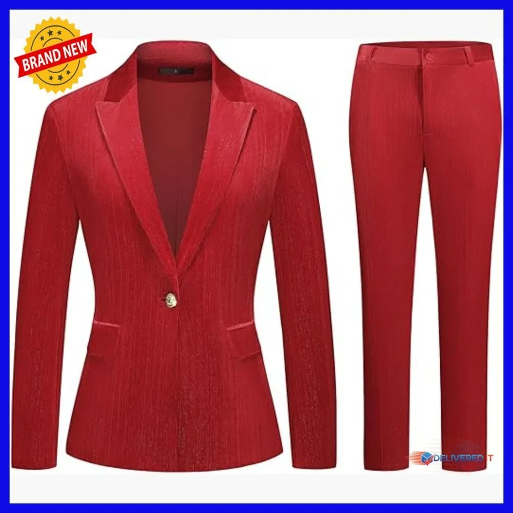 Women's Velvet Pantsuit Set Sparkly Blazer & Pants Formal Business Casual